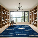 ODIKA Blue Nautical Fish Washable Area Rug, Low Pile Non-Slip Pet & Kid Friendly Carpet