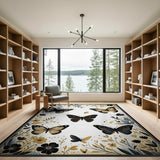 Shimmering Black Gold Butterfly Floral Rug