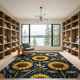 Golden Sunflower Meadow Navy Area Rug