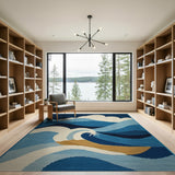 Blue Teal Geometric Ocean Waves Mountains Rug