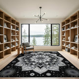 Boho Chic Cosmic Mandala Black White Area Rug