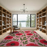 Pink Vibrant Red Poppy Floral Area Rug