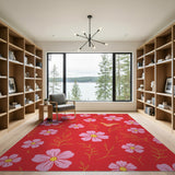 ODIKA Red Floral Washable Area Rug - Whimsical Pink Flower Low Pile Non-Slip Carpet