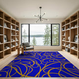 Gold and Silver Navy Blue Gold Swirl Abstract Area Rug