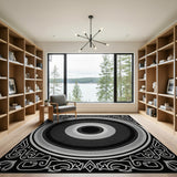 Ornate Black White Concentric Circle Area Rug