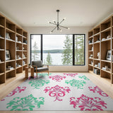 Teal Pink Damask Floral Area Rug