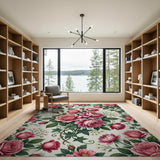 Vintage Pink Rose Garden Floral Area Rug