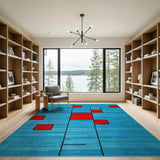 Teal Blue Geometric Modern Area Rug with Red Blocks