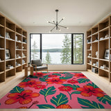 Coastal Beach Vibrant Hibiscus Floral Area Rug