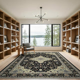 Elegant Black Persian Area Rug with Ivory Floral Motifs