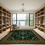 Ornate Green Floral Persian Rug with Gold Border