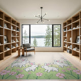 Cute Bunny Family Pink Flowers Kids Area Rug