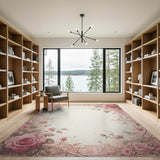 ODIKA Vintage Pink Rose Floral Washable Area Rug - Low Pile Non-Slip Carpet