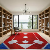 Red Geometric Area Rug with White Circles Blue Base