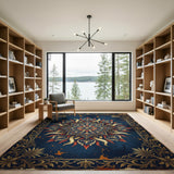 Vintage Navy Mandala Area Rug with Gold Flame Design