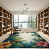 ODIKA Tropical Hibiscus Floral Washable Rug - Low Pile Non-Slip Pet Friendly Area Rug
