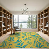 Teal Fern Leaves on Sunny Yellow Boho Rug