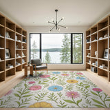 Whimsical Pink Blue Yellow Floral Area Rug