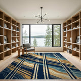 Modern Navy Teal Tan Wavy Stripe Area Rug