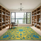 Yellow Persian Rug with Blue Floral Medallion