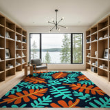 Vibrant Orange Teal Leaves on Navy Area Rug
