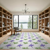 Purple Orchid Flower and Leaf Pattern Area Rug