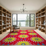 Vibrant Yellow Sunflowers on Red Area Rug