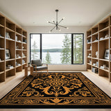 Gold and Silver Ornate Black Gold Floral Medallion Rug