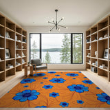 Vibrant Blue Floral on Orange Area Rug