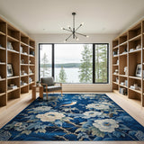 Navy Blue Peony and Bluebird Oriental Area Rug