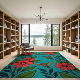 Teal Hummingbird Hibiscus Area Rug