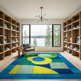 Vibrant Geometric Blue Green Yellow Area Rug