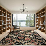 Vintage Pink Peony Floral Area Rug on Black