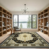 ODIKA Washable Black & Gold Ornate Traditional Area Rug, Low Pile Non-Slip