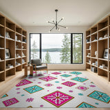 Pink Teal Diamond Floral Boho Area Rug