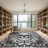 Ornate Skull Mandala Black White Area Rug