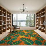 Vibrant Orange Palm Leaf Flower Area Rug