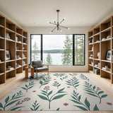 Teal Leaves Pink Flowers Cream Area Rug