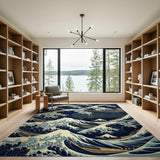 Coastal Beach Blue and Teal Blue Wave Coastal Area Rug