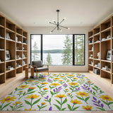 Vibrant Yellow Daisy Purple Floral Pattern Area Rug