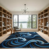 Swirling Blue Ocean Waves Washable Area Rug