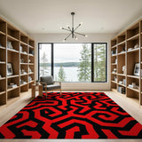 Bold Red Black Maze Geometric Area Rug