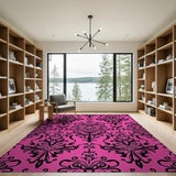 Hot Pink Damask Area Rug with Black Ornate Patterns