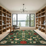 Green Floral Vintage Rug with Red Peonies