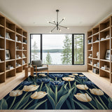 Navy Tulip Bouquet Area Rug in Blue Ivory