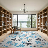 Abstract Blue Birds Leaves Area Rug