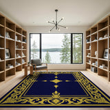Navy Blue Ornate Gold Filigree Border Area Rug
