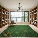 Lush Green Grass Area Rug with Autumn Leaves
