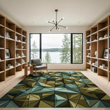 Teal Gold Faceted Geometric Area Rug