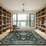 Emerald Green Persian Rug with Pink Florals